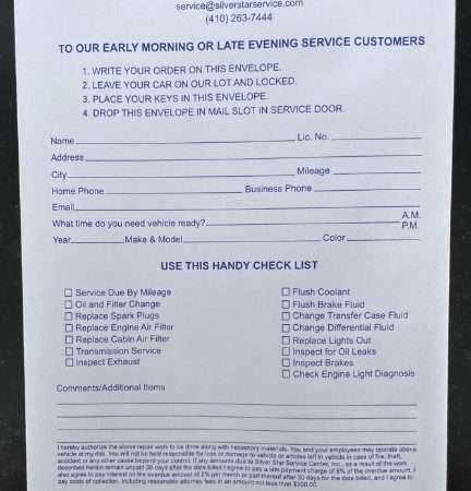 Silver Star Service Center, Inc. Drop Off System Envelope