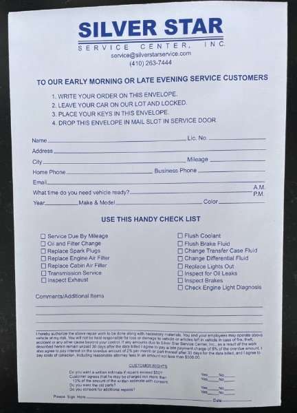 Silver Star Service Center, Inc. Drop Off System Envelope